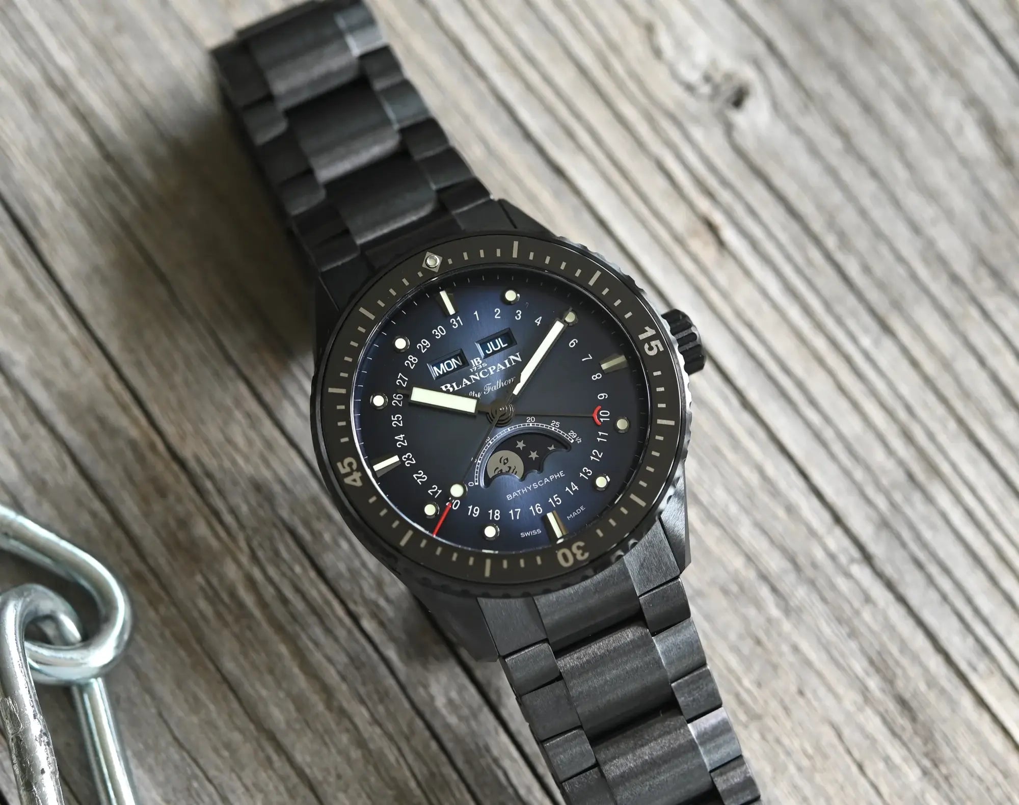 Orologio in ceramica nera Fifty Fathoms Bathyscaphe Quantième Complet Phases de Lune Blancpain