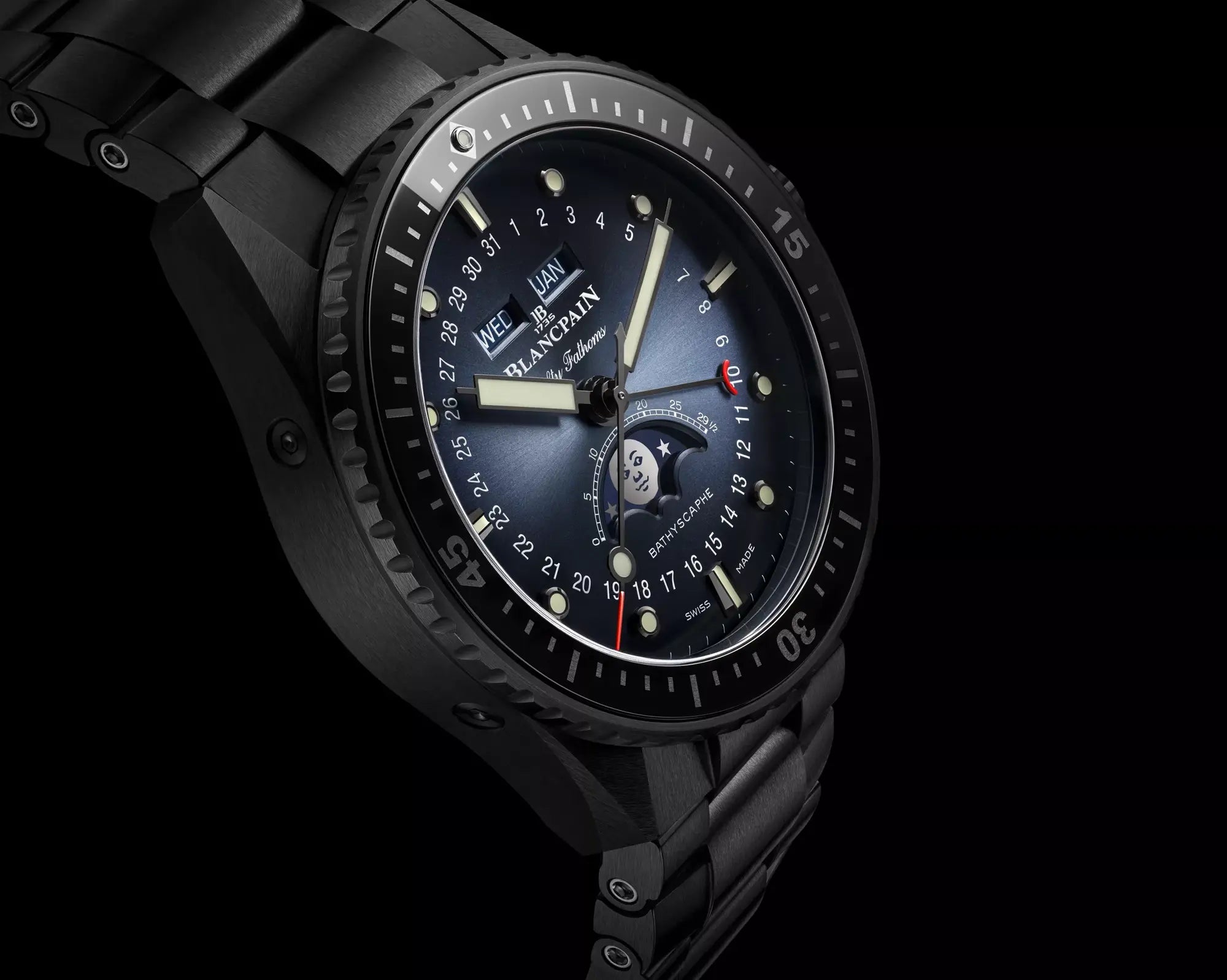 Orologio in ceramica nera Fifty Fathoms Bathyscaphe Quantième Complet Phases de Lune Blancpain