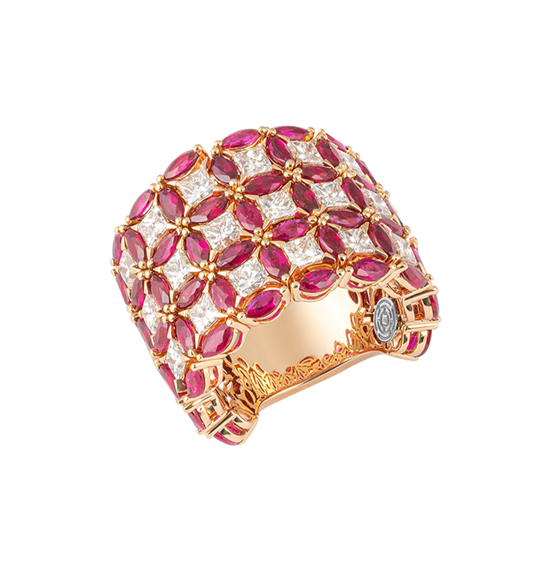 Anello Diade in oro rosa con diamanti e rubini