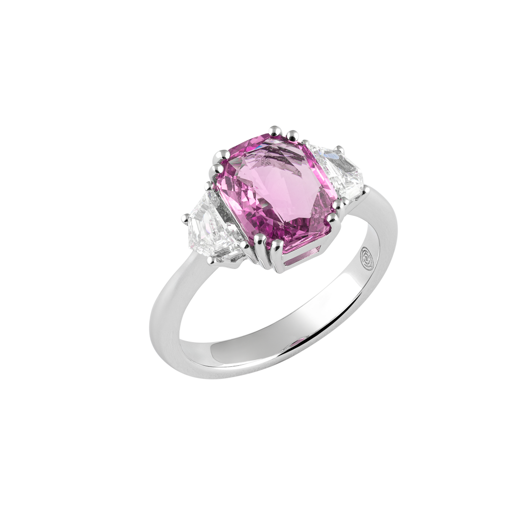 White gold Unique ring with pink sapphire and diamonds