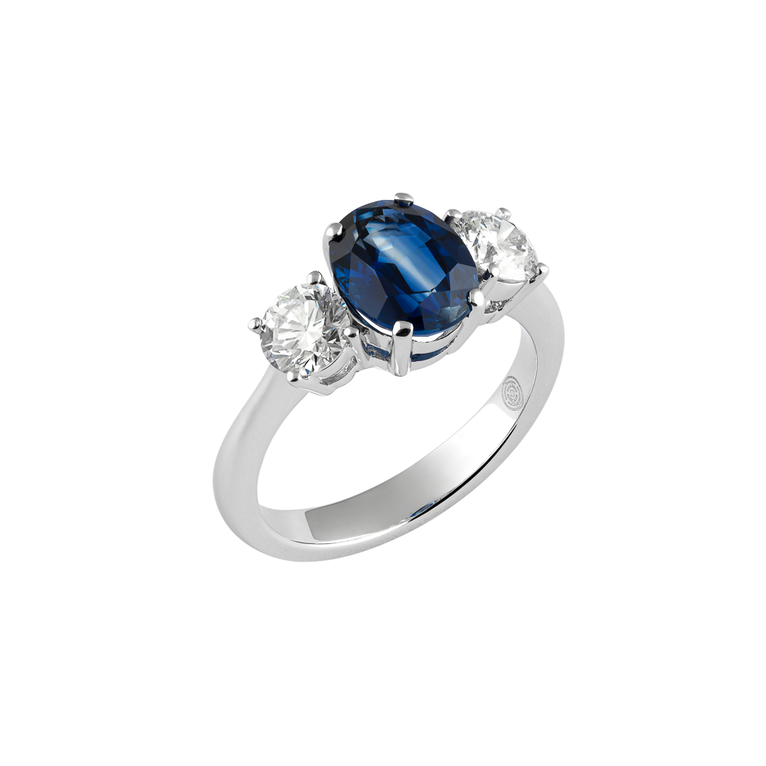 White gold Unique ring with blue sapphire and diamonds