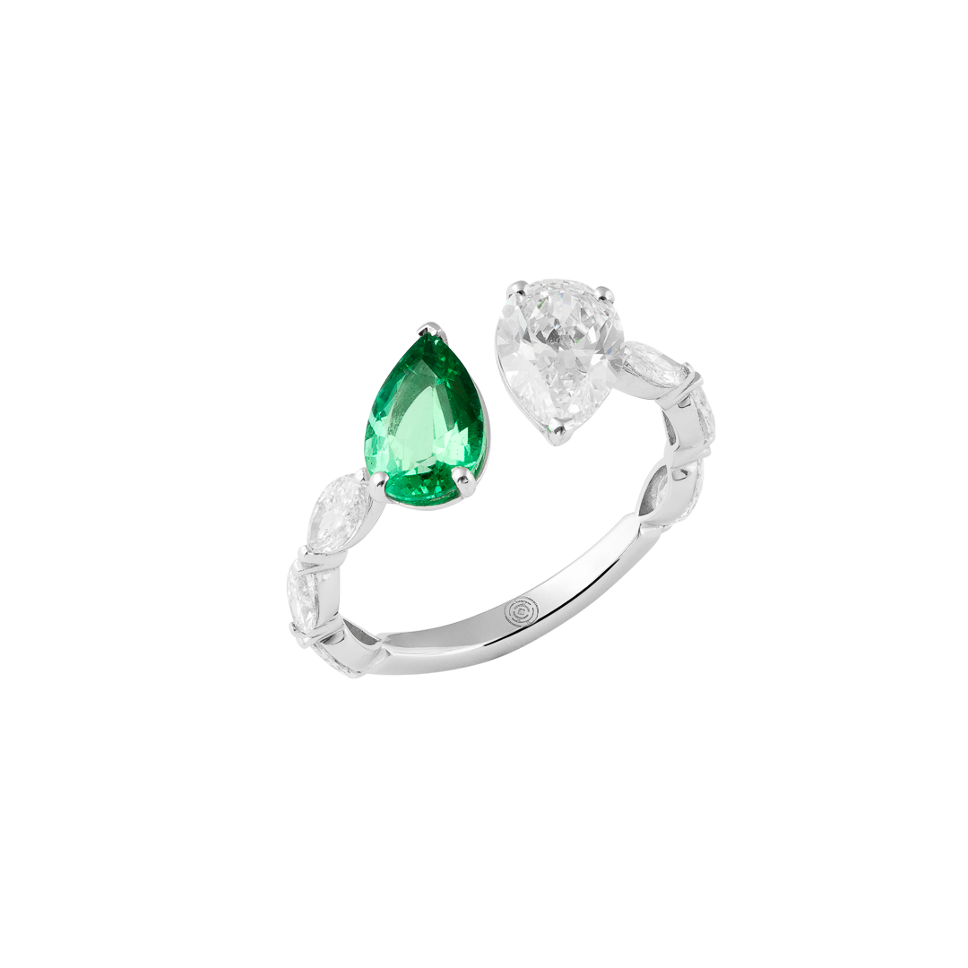 Ring in white gold Diva white gold ring with diamond and emerald Pisa diamanti