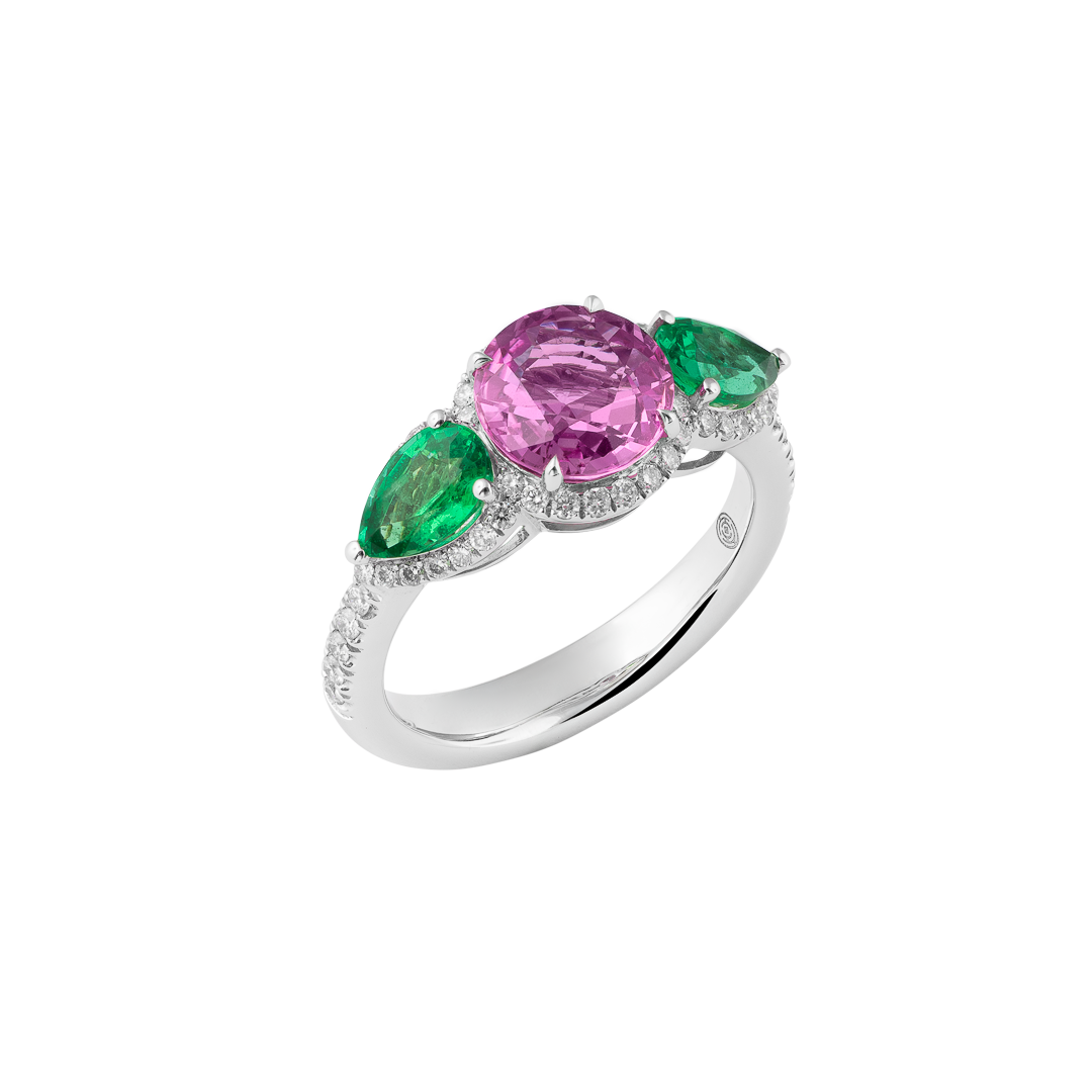 Gioiello in oro bianco Anello Diva in oro bianco con diamanti, smeraldi e zaffiro rosa Pisa diamanti