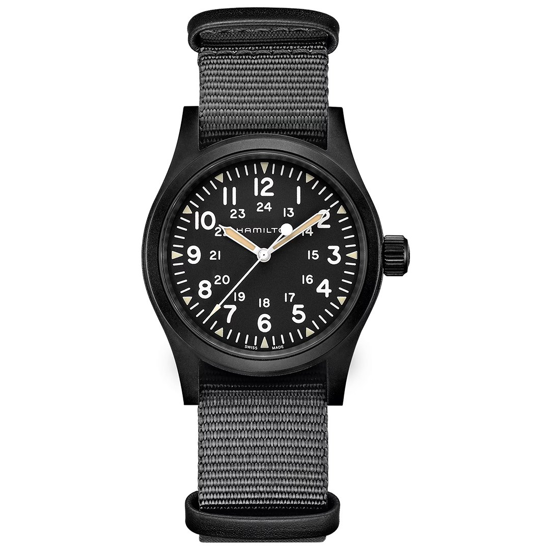 Orologio in acciaio nero Khaki Field Mechanical Hamilton