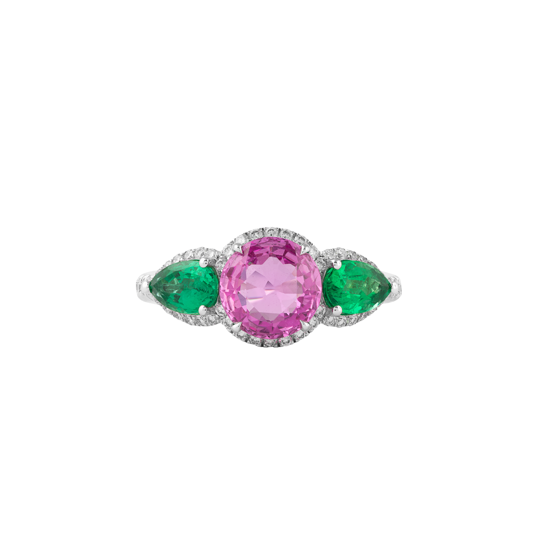 Gioiello in oro bianco Anello Diva in oro bianco con diamanti, smeraldi e zaffiro rosa Pisa diamanti