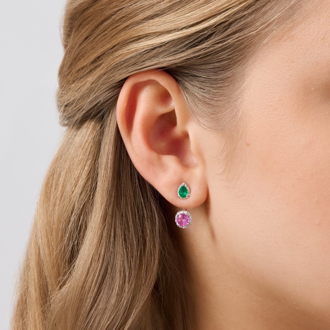 Earrings in white gold Diva white gold earrings with diamonds, emeralds and pink sapphires Pisa diamanti