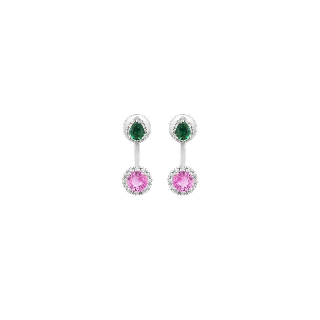 Earrings in white gold Diva white gold earrings with diamonds, emeralds and pink sapphires Pisa diamanti
